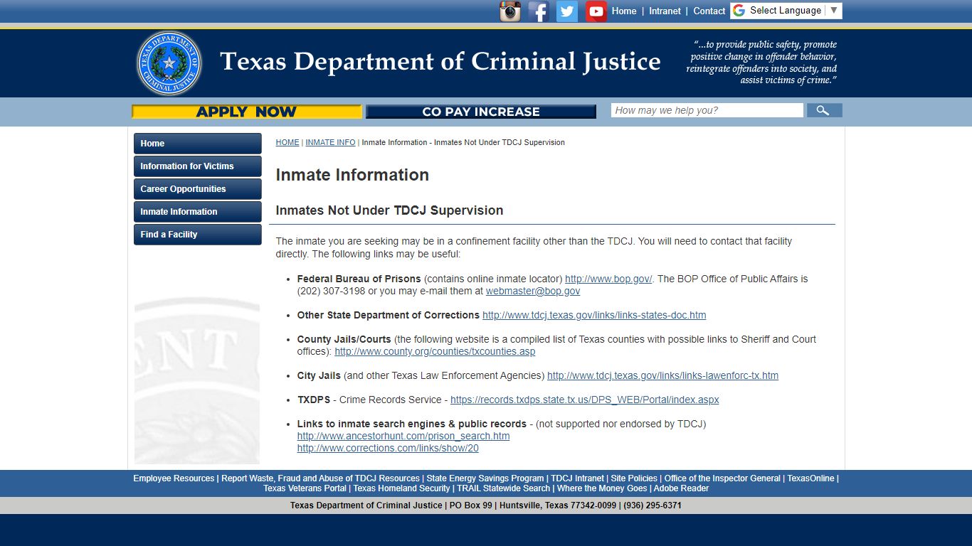 Inmate Information - Inmates Not Under TDCJ Supervision